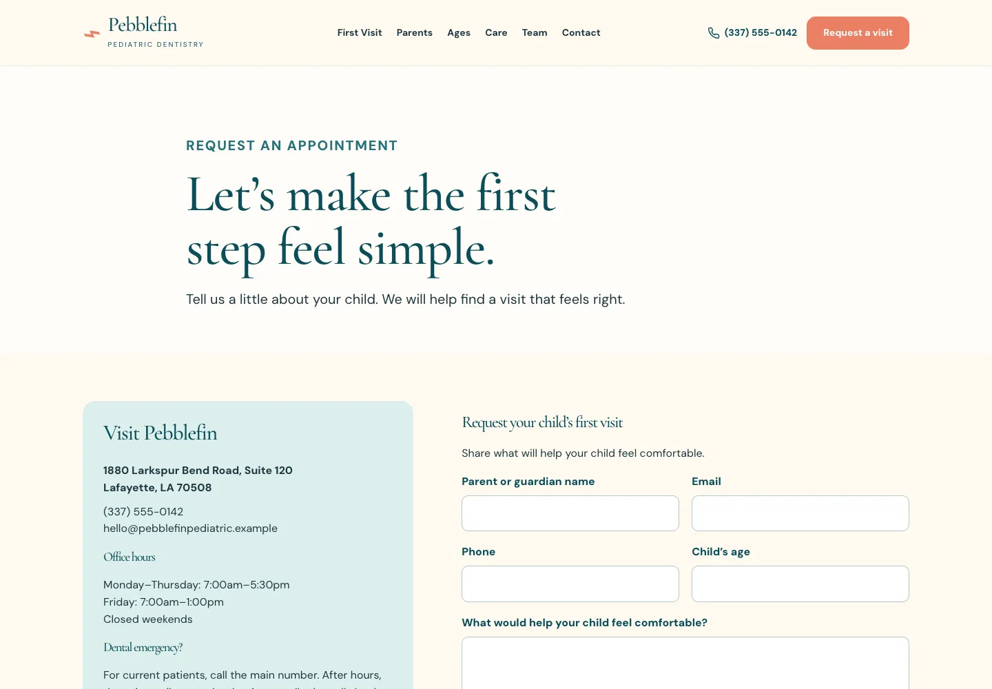 Pebblefin Pediatric Dentistry contact page, built by Theo: the heading Let's make the first step feel simple, a box with the address, phone, email and office hours, and a first-visit form asking for the child's age and what would help the child feel comfortable