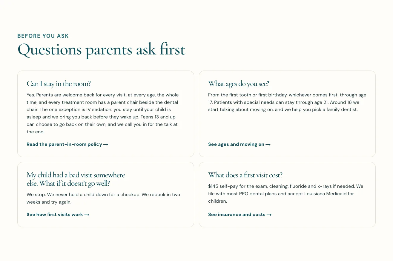 Pebblefin Pediatric Dentistry home-page FAQ, built by Theo: Questions parents ask first, four open answer cards from Can I stay in the room? to What does a first visit cost?, each with a link to the full policy