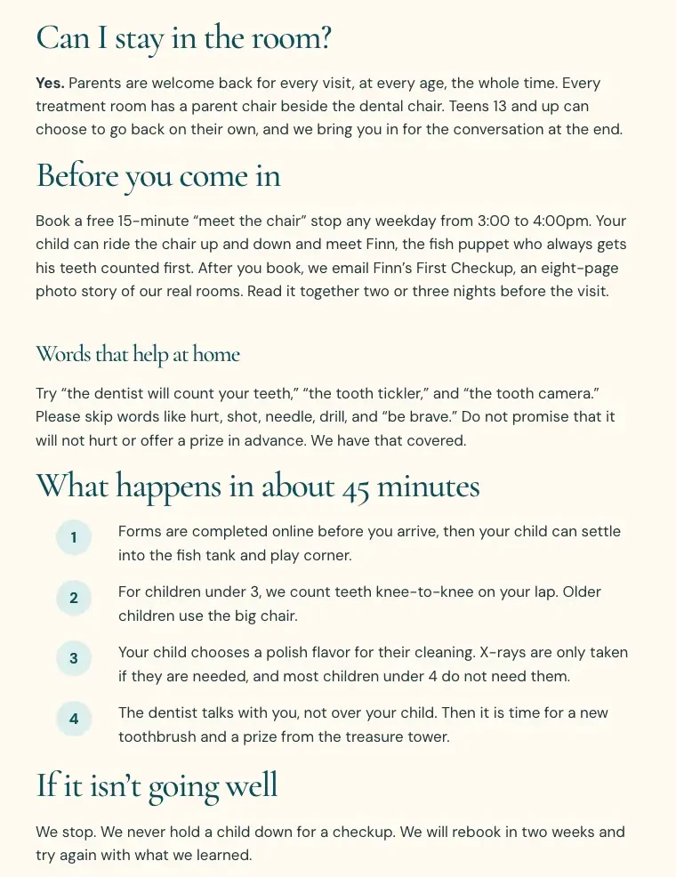Pebblefin Pediatric Dentistry first visit page, built by Theo: Can I stay in the room?, Before you come in, Words that help at home, What happens in about 45 minutes in four numbered steps, and If it isn't going well