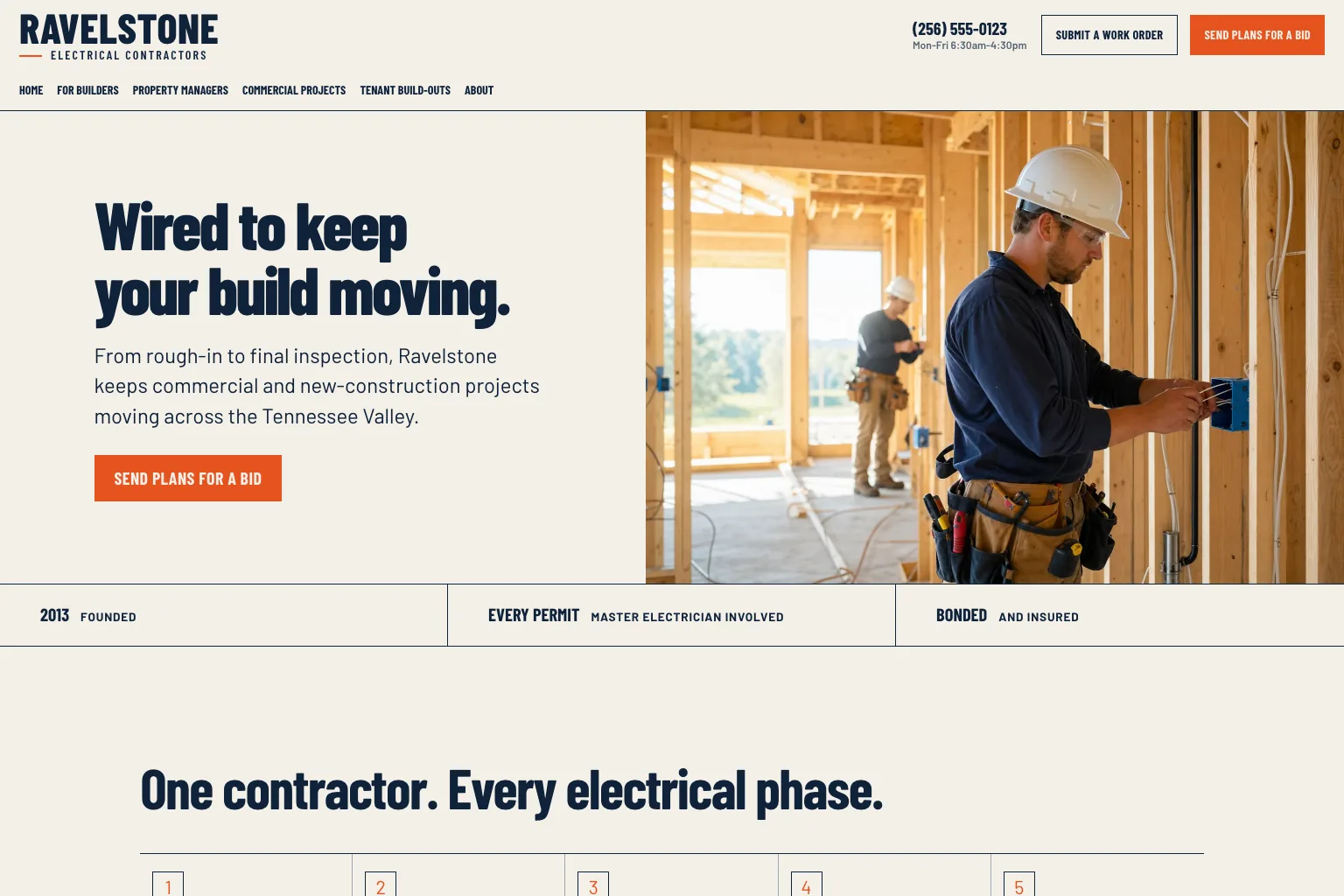 Ravelstone Electrical Contractors home page, built by Theo