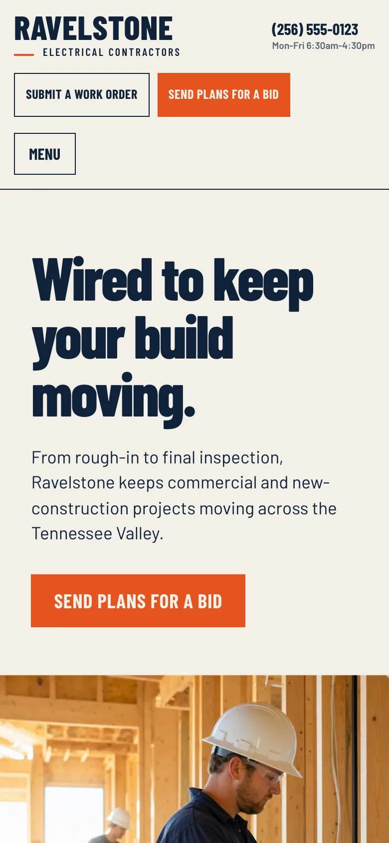 Ravelstone Electrical Contractors home page on a phone, built by Theo