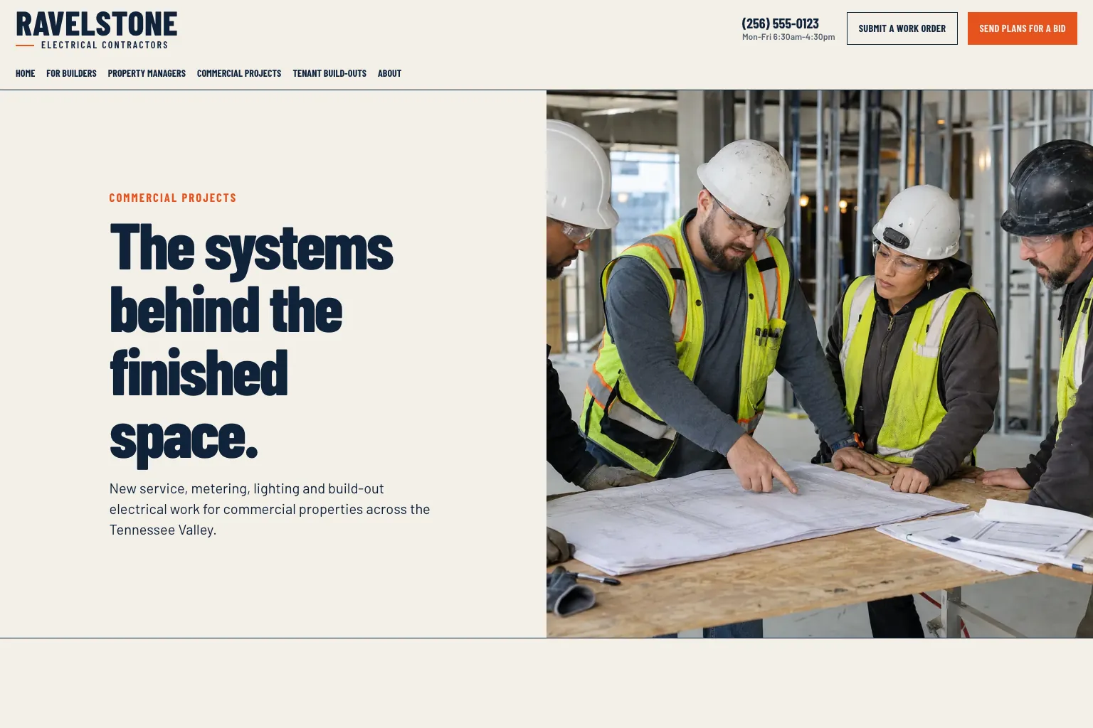 Commercial projects page of Ravelstone Electrical Contractors, built by Theo