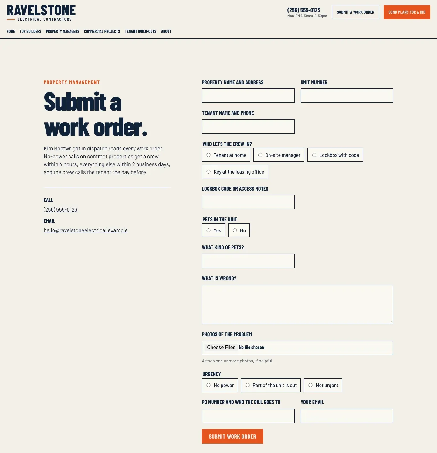 Ravelstone Electrical Contractors work order page, built by Theo: Submit a work order and Send plans for a bid in the header, and a form asking for the property and unit, the tenant's name and phone, who lets the crew in, pets, what is wrong, photos, urgency and the PO number