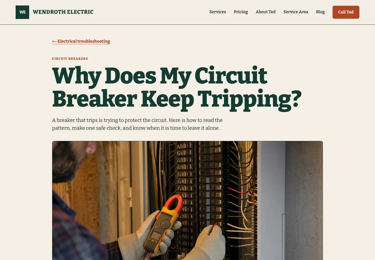 Wendroth Electric's post Why Does My Circuit Breaker Keep Tripping?, built by Theo: the headline, a two-line introduction and a photo of an electrician testing a breaker panel with a clamp meter