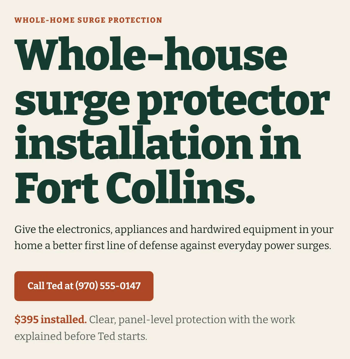 The headline area of the Wendroth Electric surge protector page, built by Theo: the headline Whole-house surge protector installation in Fort Collins, a line on guarding home electronics and appliances against power surges, a Call Ted button, and the line $395 installed