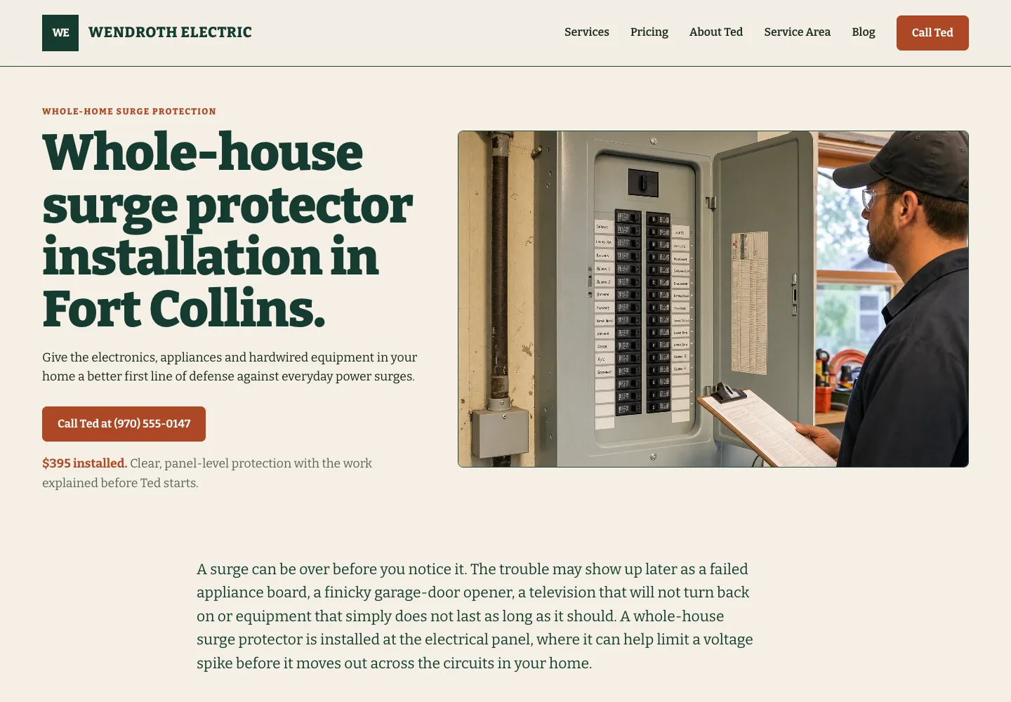 Wendroth Electric's whole-house surge protector installation page, built by Theo: a headline naming Fort Collins, a call button and the line $395 installed, beside a photo of an electrician at a panel