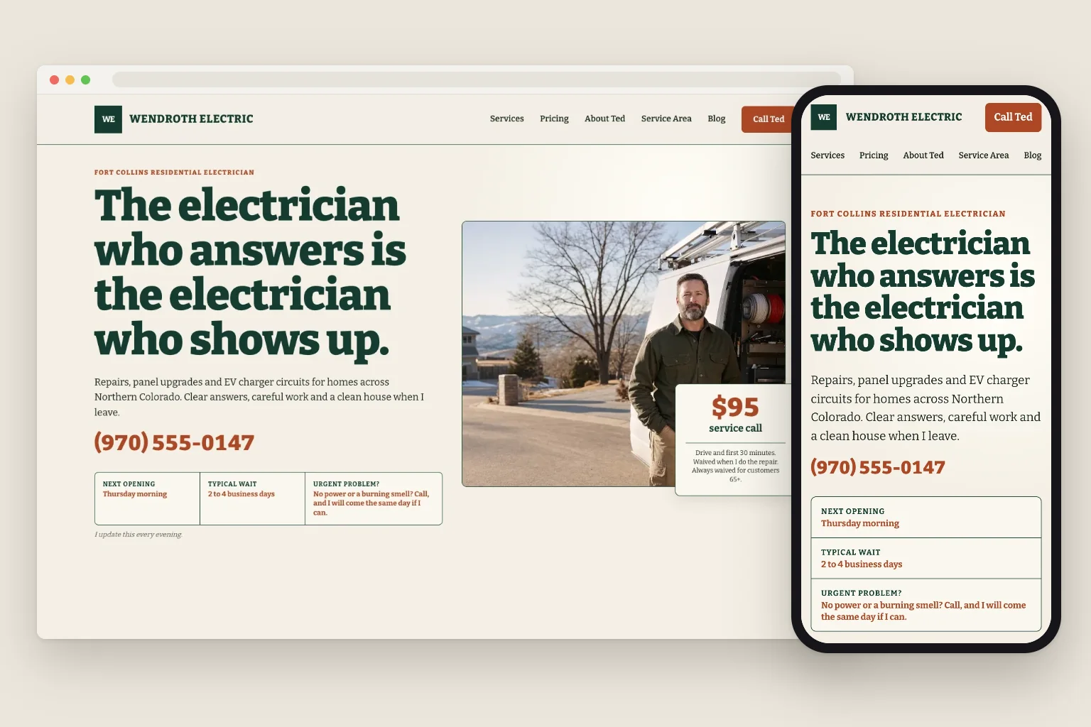 Wendroth Electric home page on a computer and a phone, built by Theo