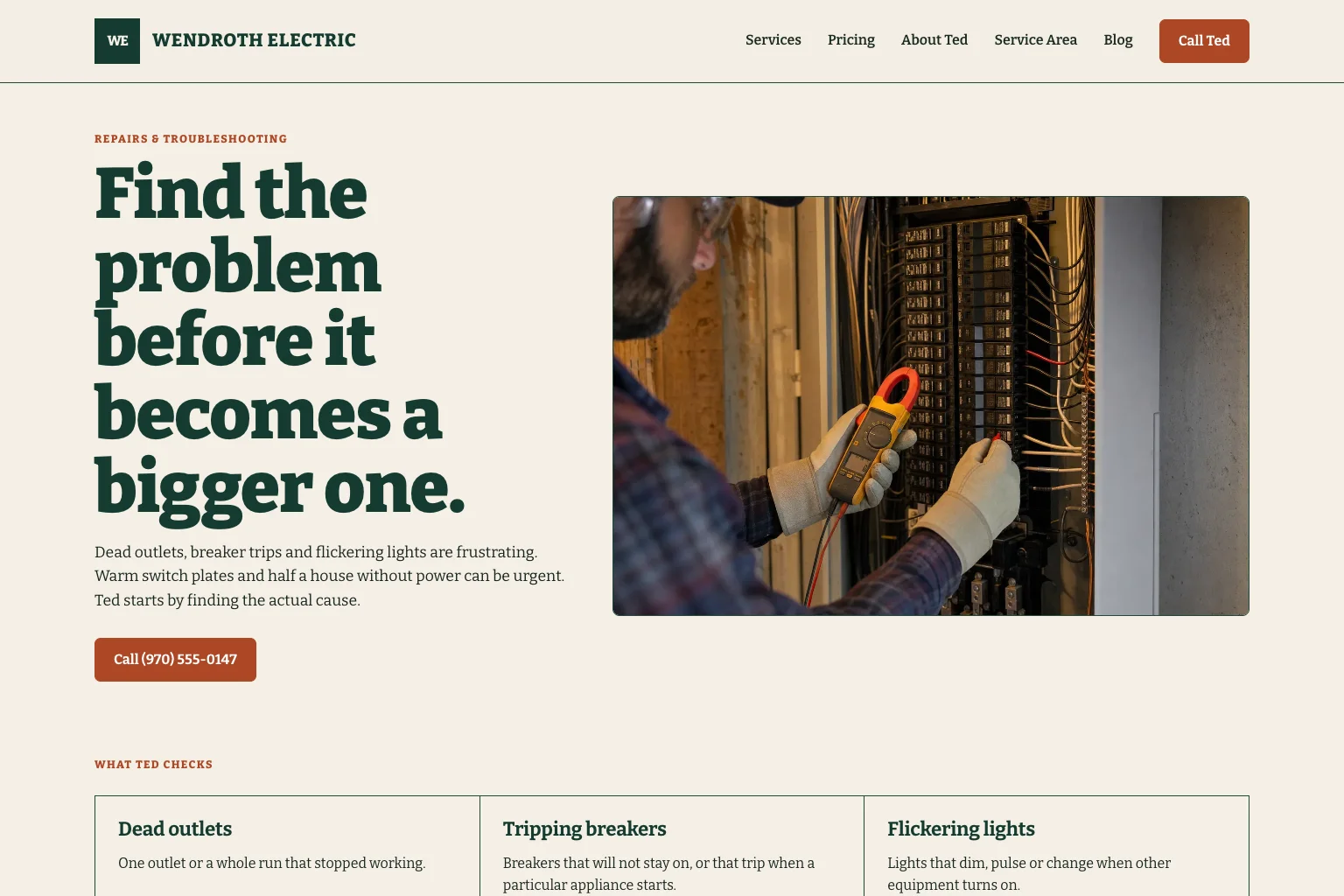 Repairs page of Wendroth Electric, built by Theo