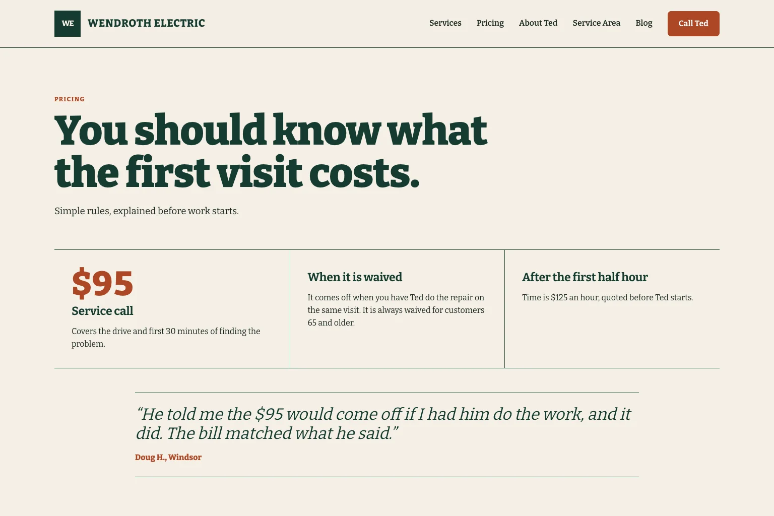 Pricing page of Wendroth Electric, built by Theo