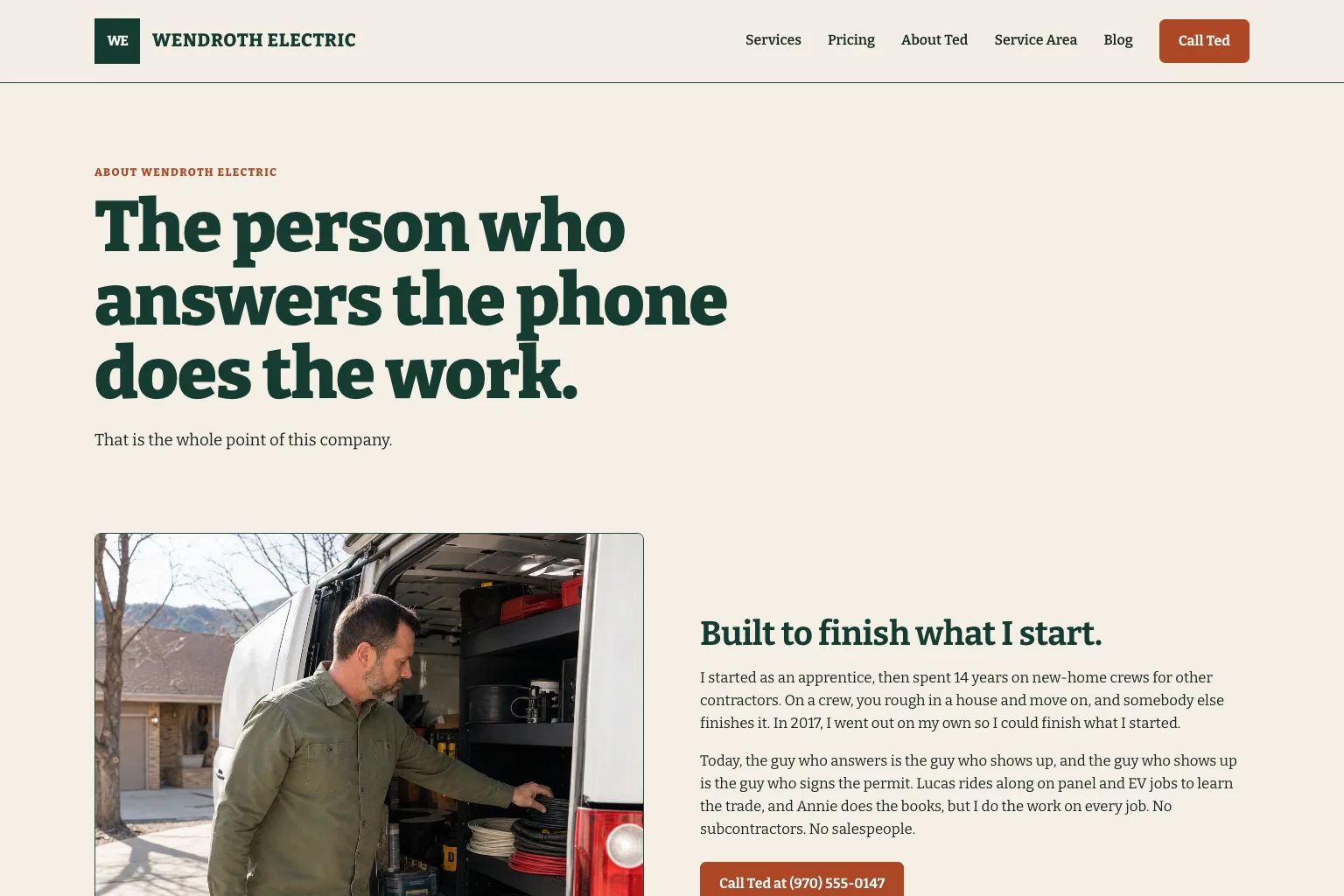 About page of Wendroth Electric, built by Theo