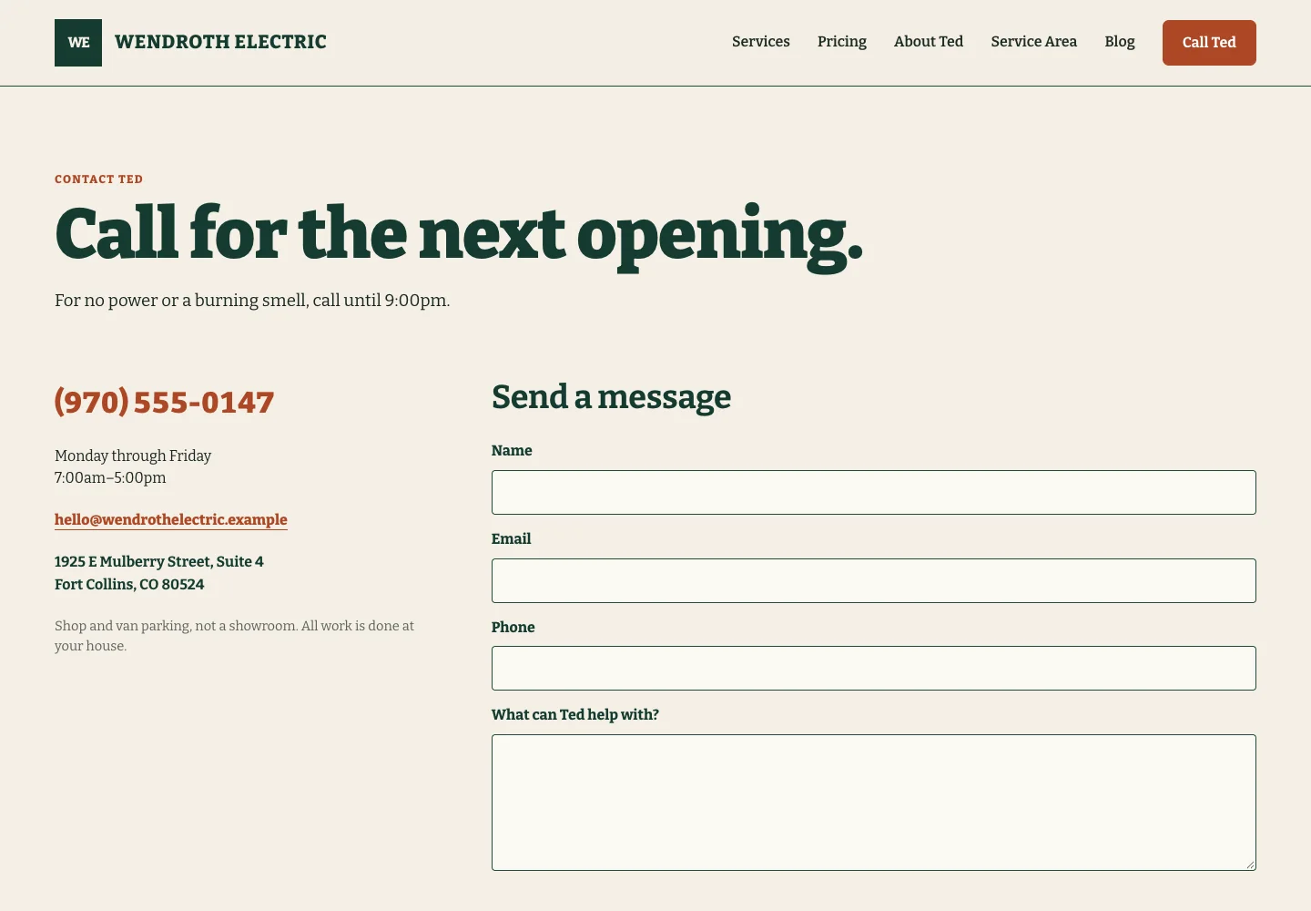 Wendroth Electric contact page, built by Theo: the heading Call for the next opening, the line about no power or a burning smell, the phone number in large orange type, weekday hours, email and shop address, and a message form