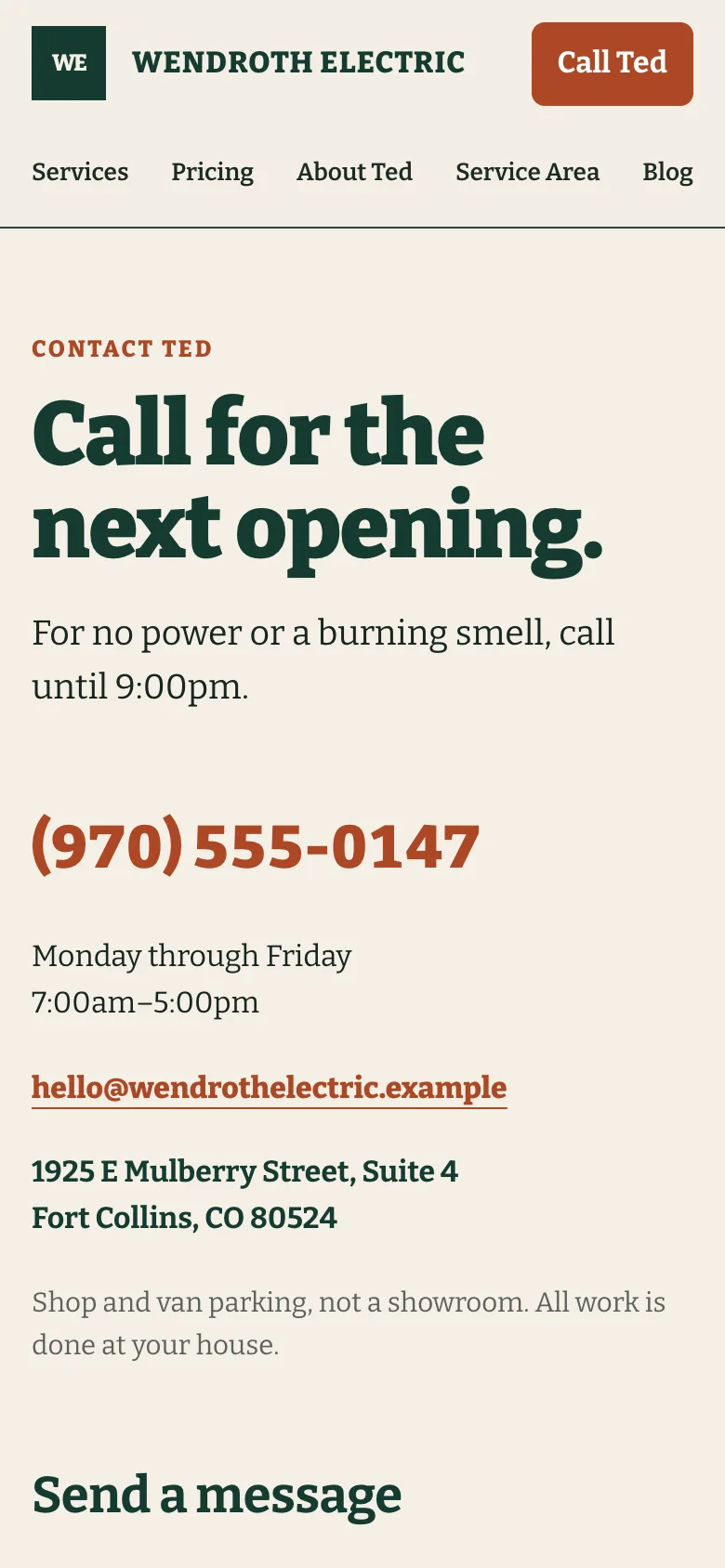 Wendroth Electric contact page on a phone, built by Theo: the headline Call for the next opening, a line saying to call until 9:00pm for no power or a burning smell, then the phone number and the weekday hours