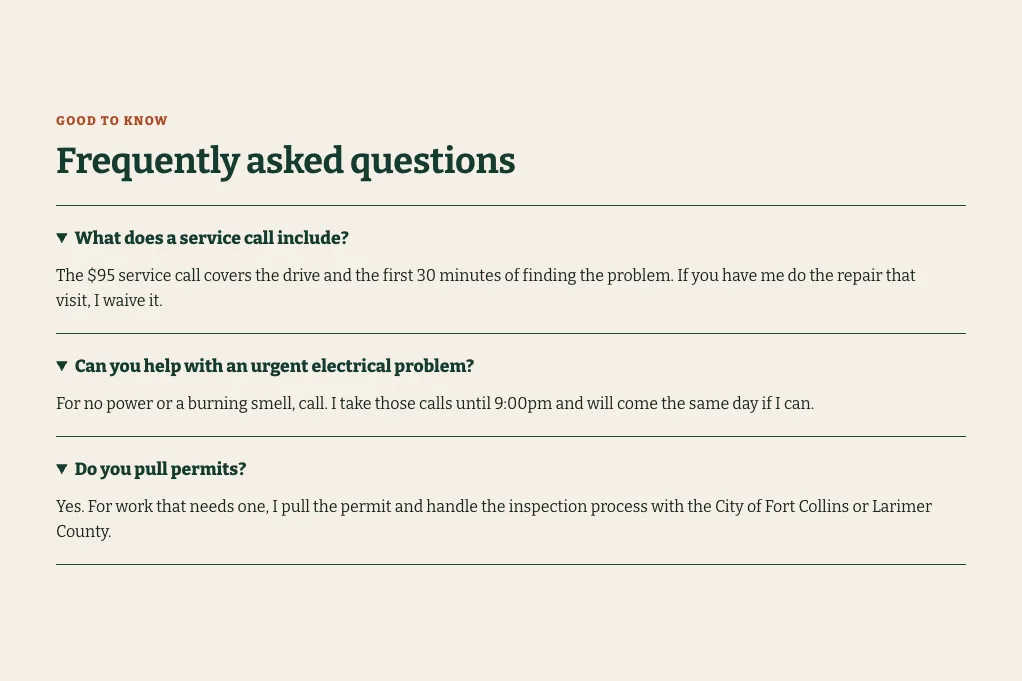 Wendroth Electric home-page FAQ, built by Theo: three answers opened, What does a service call include?, Can you help with an urgent electrical problem? and Do you pull permits?