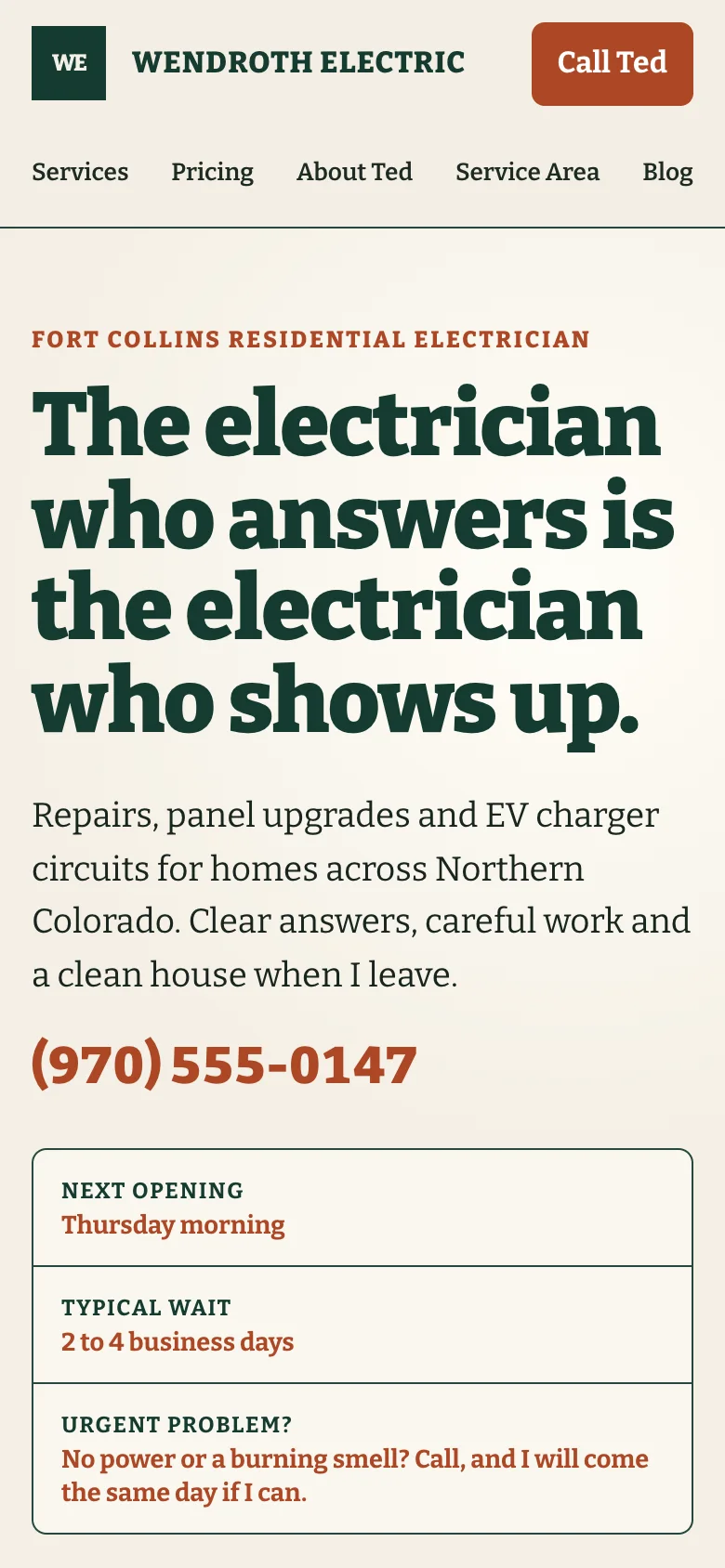 Wendroth Electric home page on a phone, built by Theo: Fort Collins residential electrician above the headline, the phone number, and boxes for the next opening, the typical wait and urgent problems