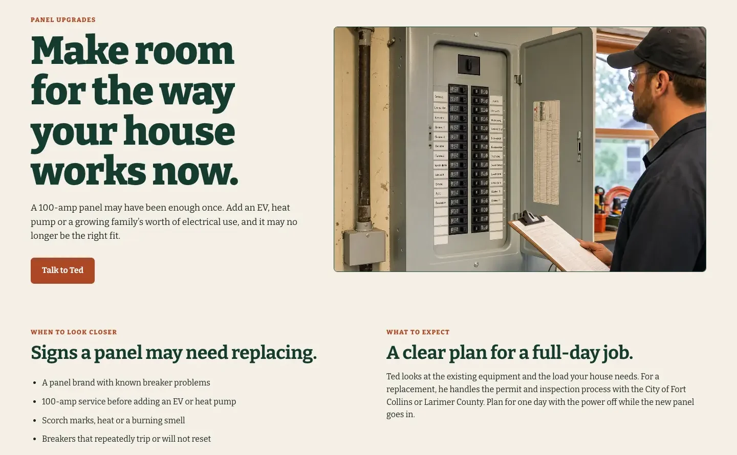 Wendroth Electric Panel Upgrades page, built by Theo: the headline Make room for the way your house works now, a photo of an open panel, a list of signs a panel may need replacing, and a note on the permit, the inspection and one day with the power off