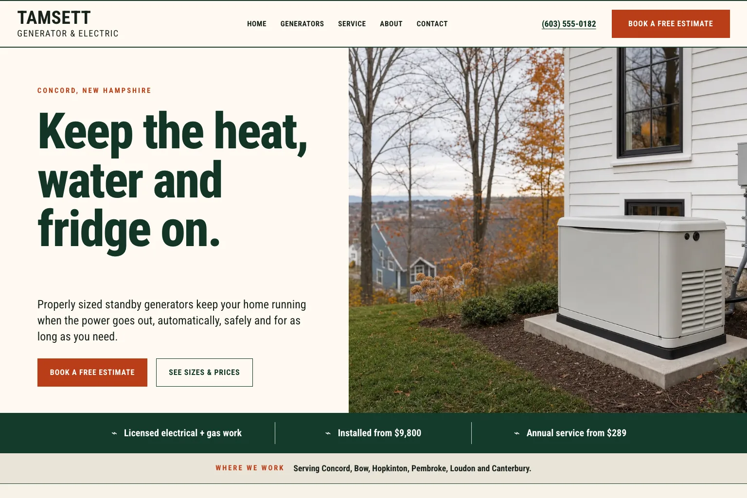 Tamsett Generator & Electric home page, built by Theo