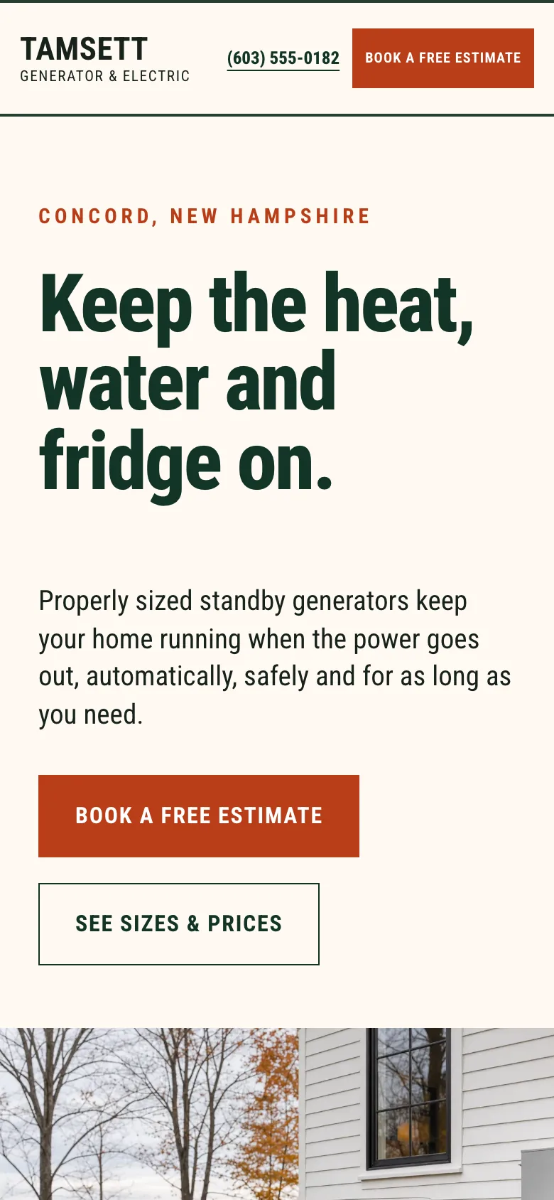 Tamsett Generator & Electric home page on a phone, built by Theo