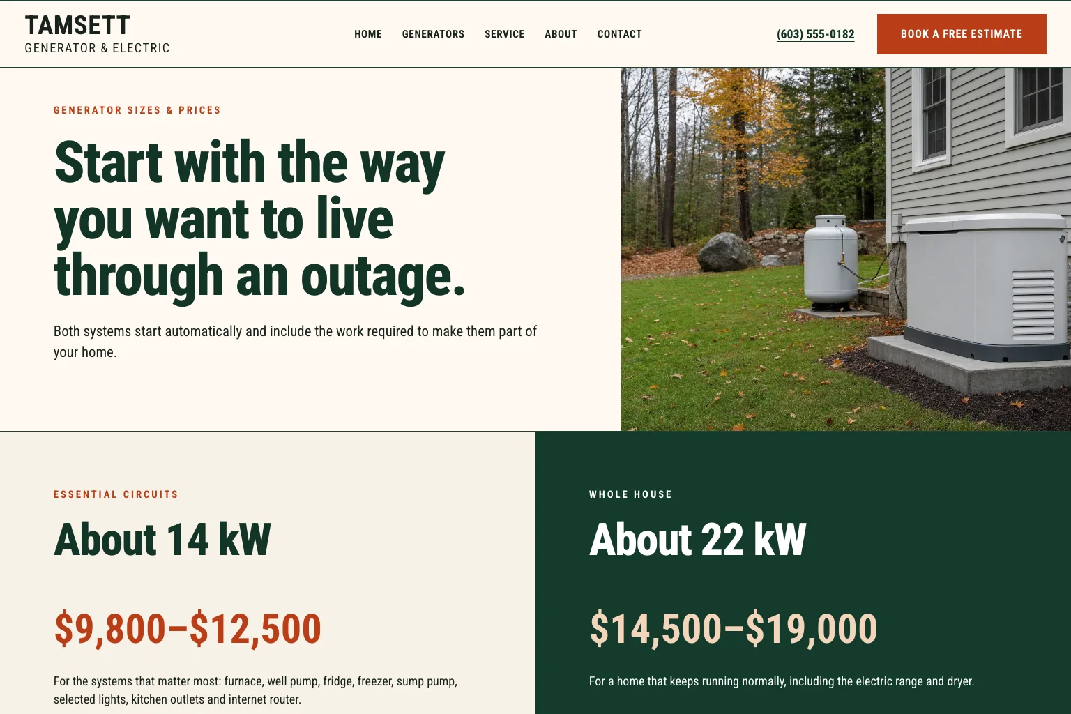 Sizes and prices page of Tamsett Generator & Electric, built by Theo