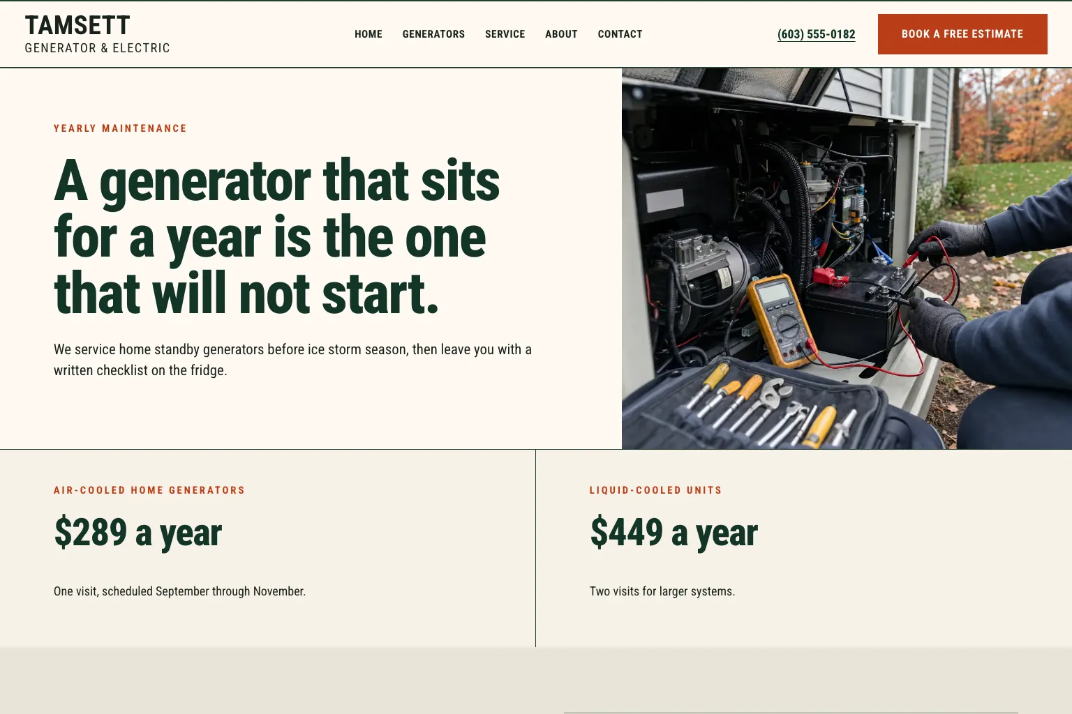 Yearly maintenance page of Tamsett Generator & Electric, built by Theo