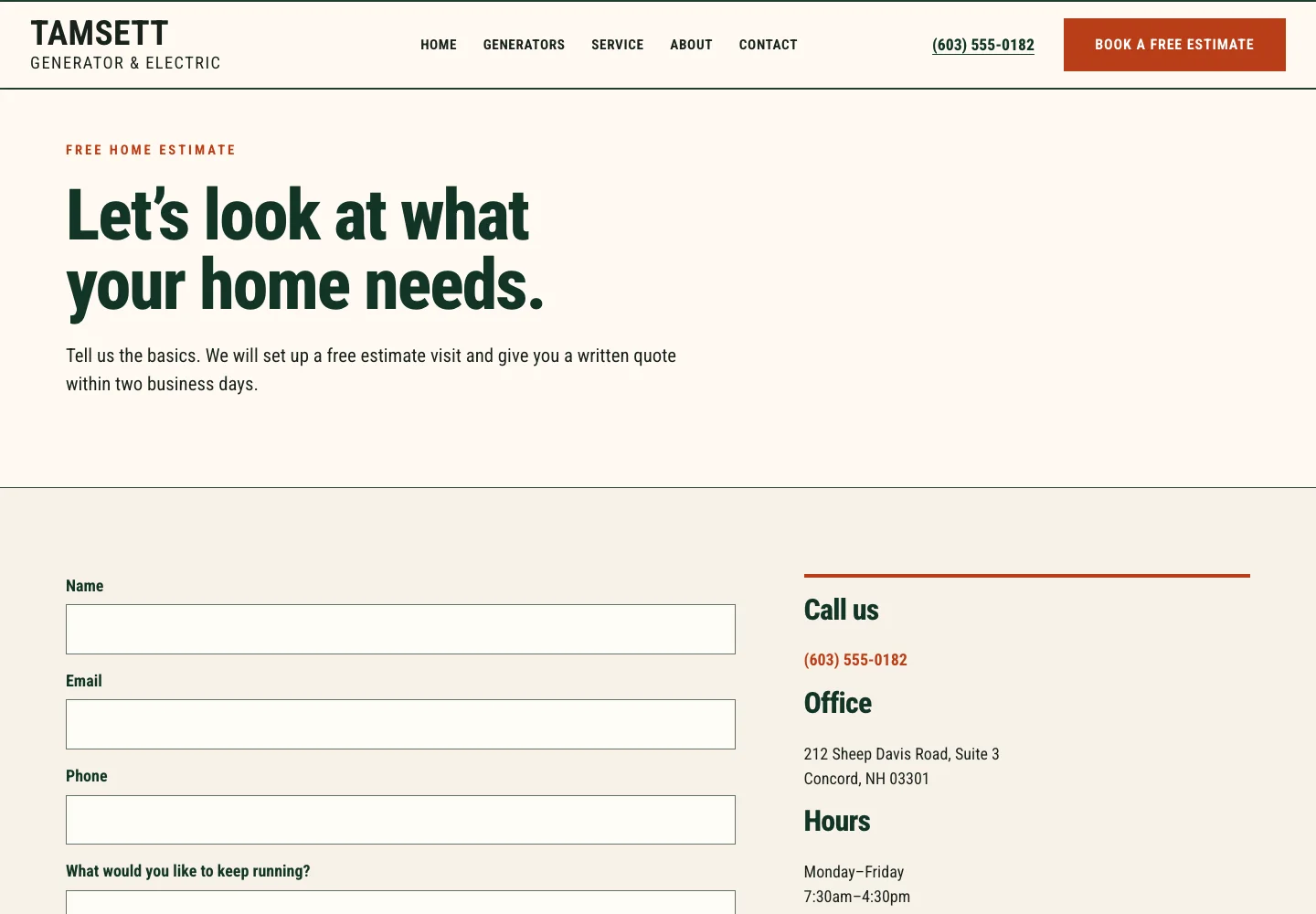 Tamsett Generator & Electric contact page, built by Theo: a Book a free estimate button and phone number in the header, a name, email and phone form, and the phone number, office address and hours beside it