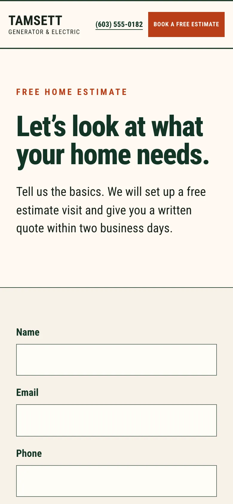 Tamsett Generator & Electric estimate page on a phone, built by Theo: the number and Book a free estimate in the header, the headline Let's look at what your home needs, and a form starting with name, email and phone