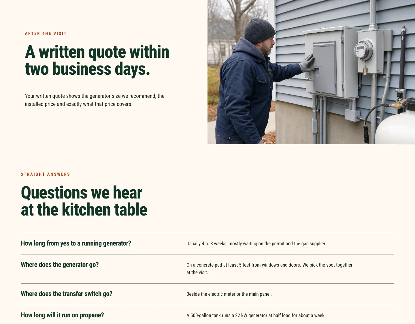 Tamsett Generator & Electric's estimate page, built by Theo: A written quote within two business days, then Questions we hear at the kitchen table, with one-line answers on install time, where the generator and transfer switch go, and how long it runs on propane