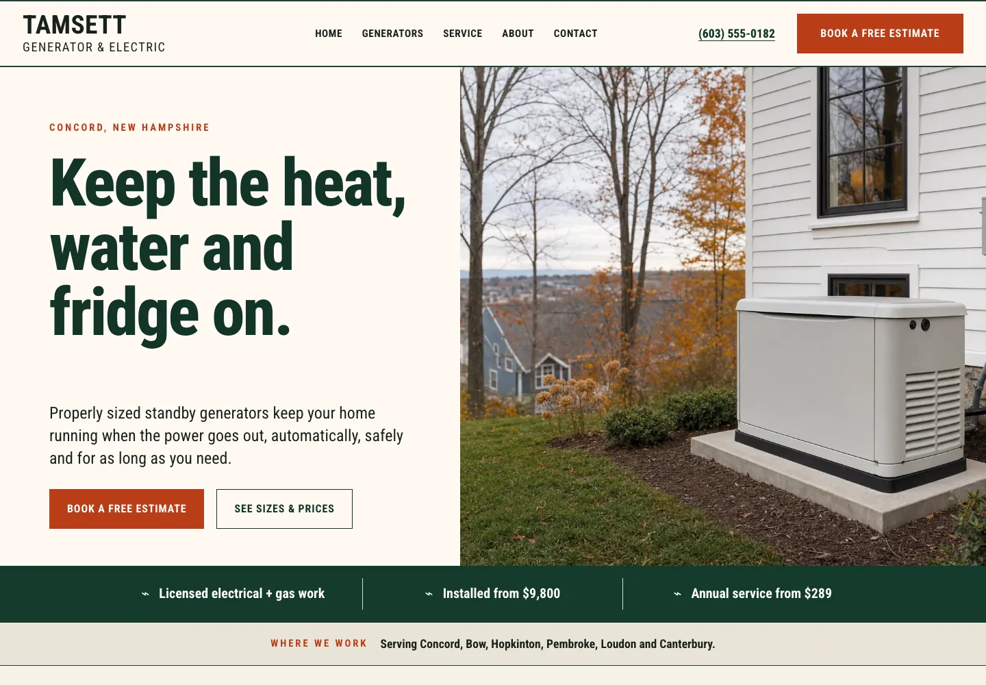 Tamsett Generator & Electric home page, built by Theo: the phone number and a Book a free estimate button in the header, the headline Keep the heat, water and fridge on, and Book a free estimate beside See sizes & prices under it