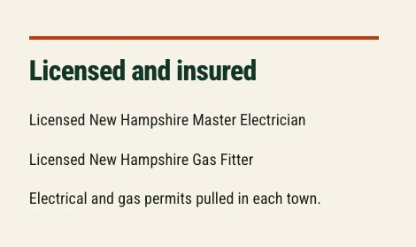 Tamsett Generator & Electric About page, built by Theo: a box headed Licensed and insured, with two license lines, Licensed New Hampshire Master Electrician and Licensed New Hampshire Gas Fitter, and a line on permits pulled in each town