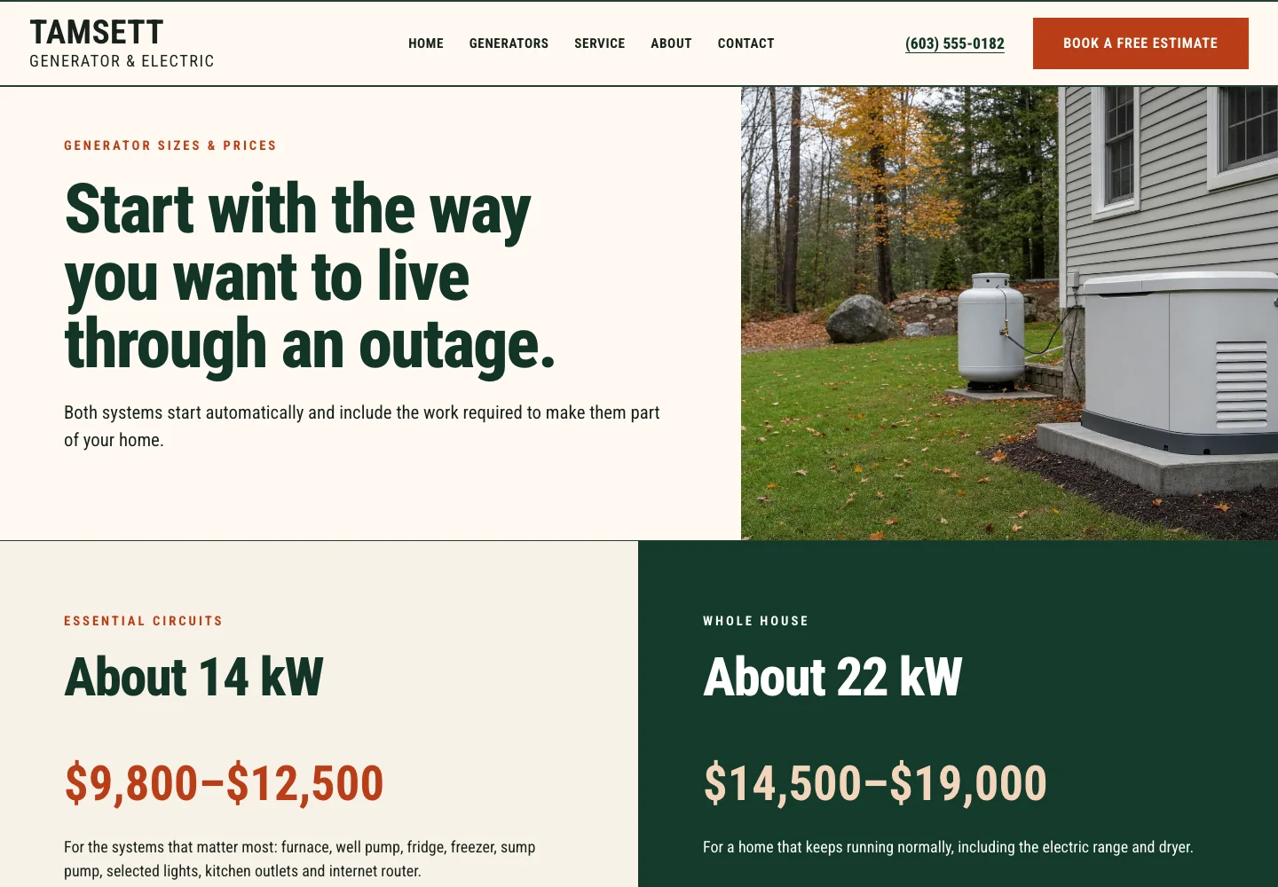 Tamsett Generator & Electric generator sizes and prices page, built by Theo: the headline Start with the way you want to live through an outage and two sizes with installed price ranges