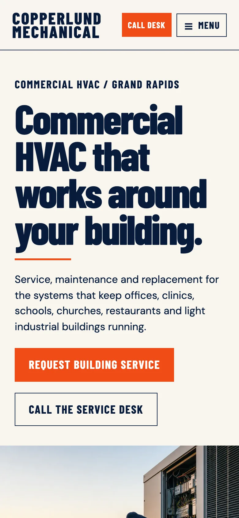 Copperlund Mechanical home page on a phone, built by Theo