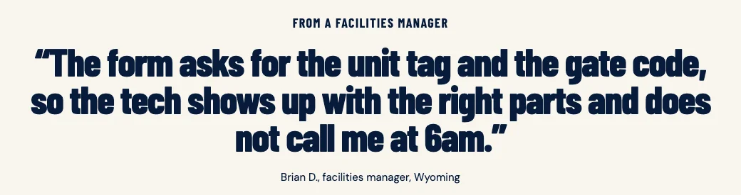 Copperlund Mechanical Building Managers page, built by Theo: a facilities manager's quote about the form asking for the unit tag and the gate code, signed Brian D., facilities manager, Wyoming