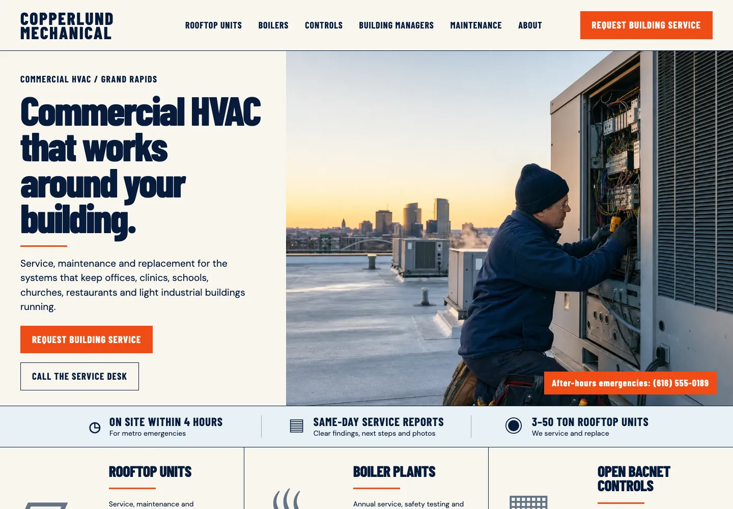 Copperlund Mechanical home page, built by Theo: a Request building service button above a Call the service desk button under the headline, and an after-hours emergency number on the rooftop photo