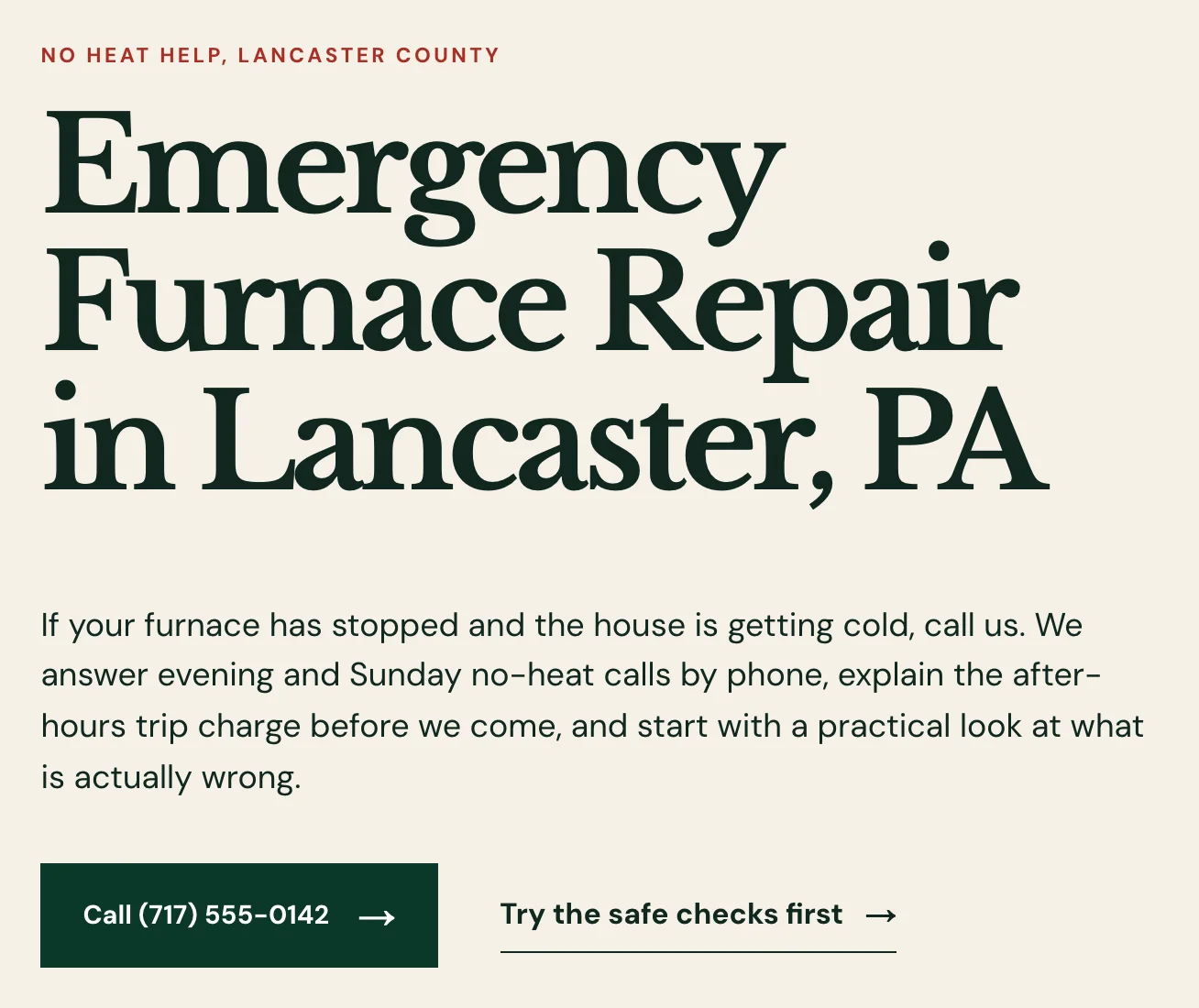 Headline of the Emergency Furnace Repair in Lancaster, PA page on the Aukamp Heating & Cooling site, built by Theo, under a No Heat Help, Lancaster County label, with its promise to answer evening and Sunday no-heat calls by phone and explain the after-hours trip charge, a call button and a link to try the safe checks first