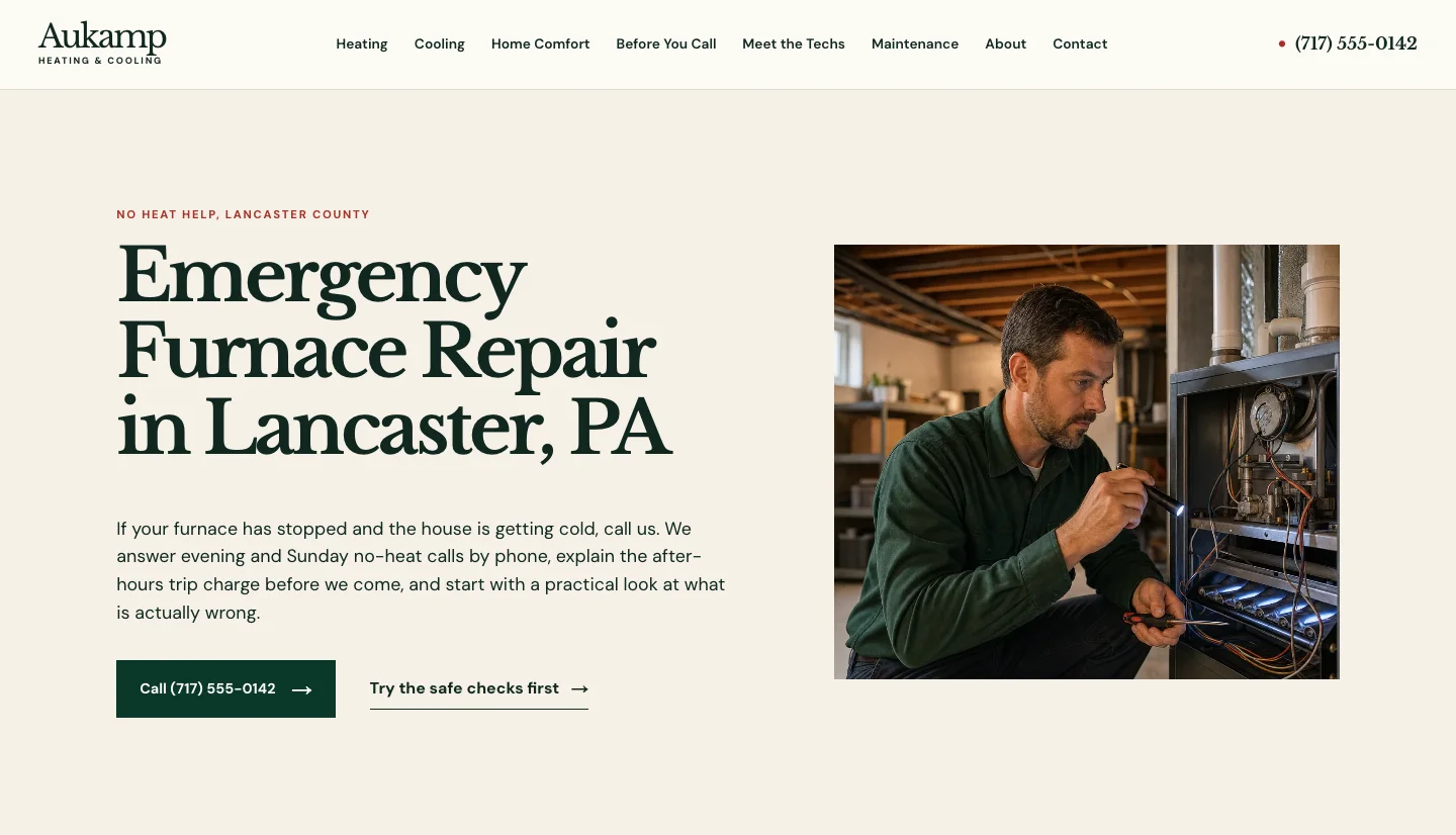 Aukamp Heating & Cooling's Emergency Furnace Repair in Lancaster, PA page, built by Theo, with a Call button and a link to try the safe checks first