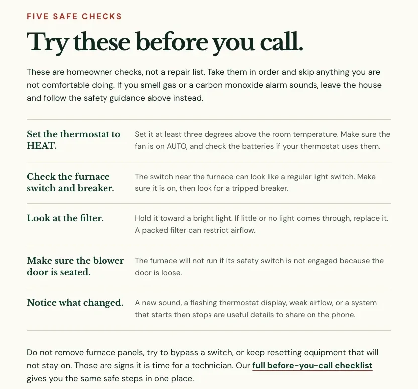 The Five safe checks section of Aukamp Heating & Cooling's emergency furnace repair page, built by Theo: set the thermostat to heat, check the furnace switch and breaker, look at the filter, make sure the blower door is seated, and notice what changed