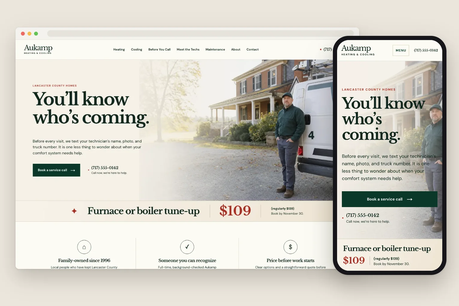 Aukamp Heating & Cooling home page on a computer and a phone, built by Theo