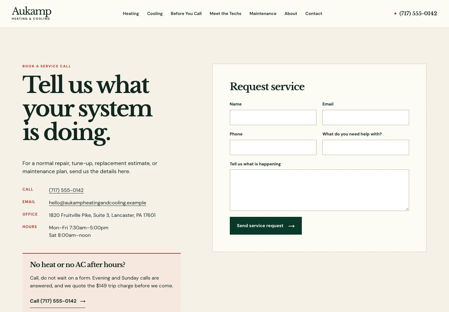 Aukamp Heating & Cooling contact page, built by Theo: the heading Tell us what your system is doing, phone, email, office and hours on the left, a No heat or no AC after hours box below them, and a service request form on the right