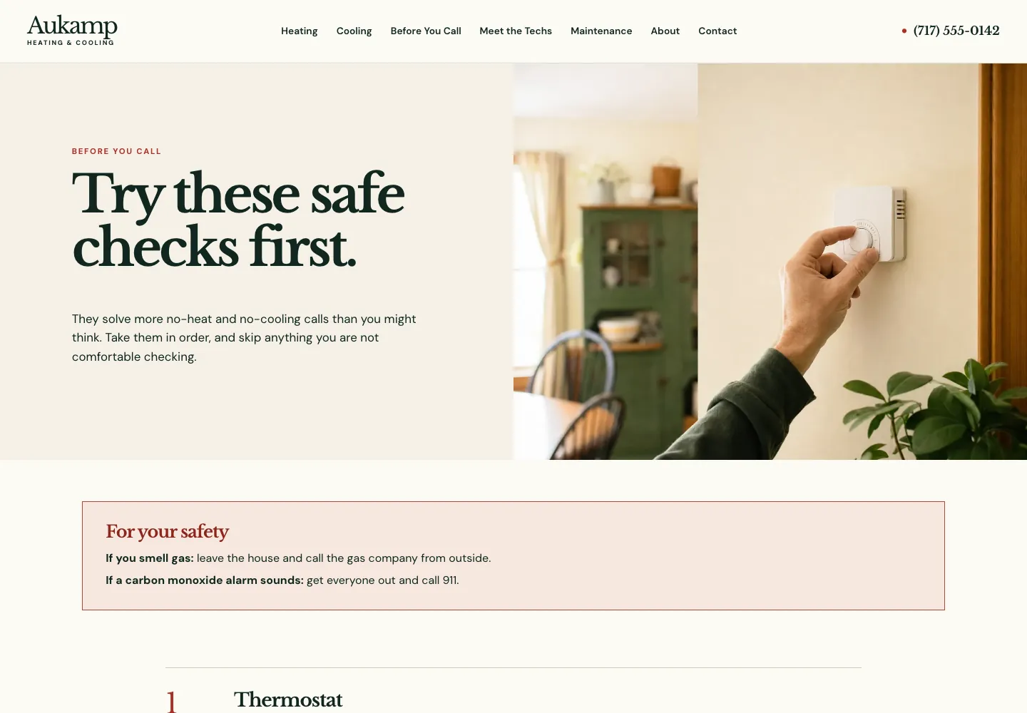 Aukamp Heating & Cooling Before You Call page, built by Theo: the headline Try these safe checks first and a For your safety box, with Heating, Cooling and Before You Call in the menu