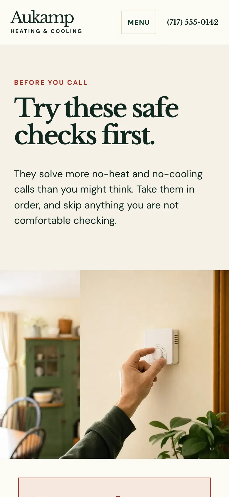 Aukamp Heating & Cooling Before You Call page on a phone, built by Theo: the phone number beside the Menu button at the top, the headline Try these safe checks first in large type, and a short plain line under it