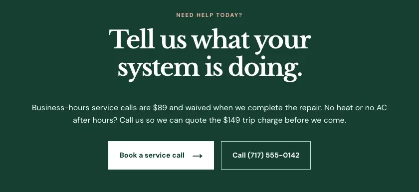 Aukamp Heating & Cooling home page band, built by Theo: Tell us what your system is doing, a line on the service call fee and the after-hours trip charge, and two buttons, Book a service call and Call with the number