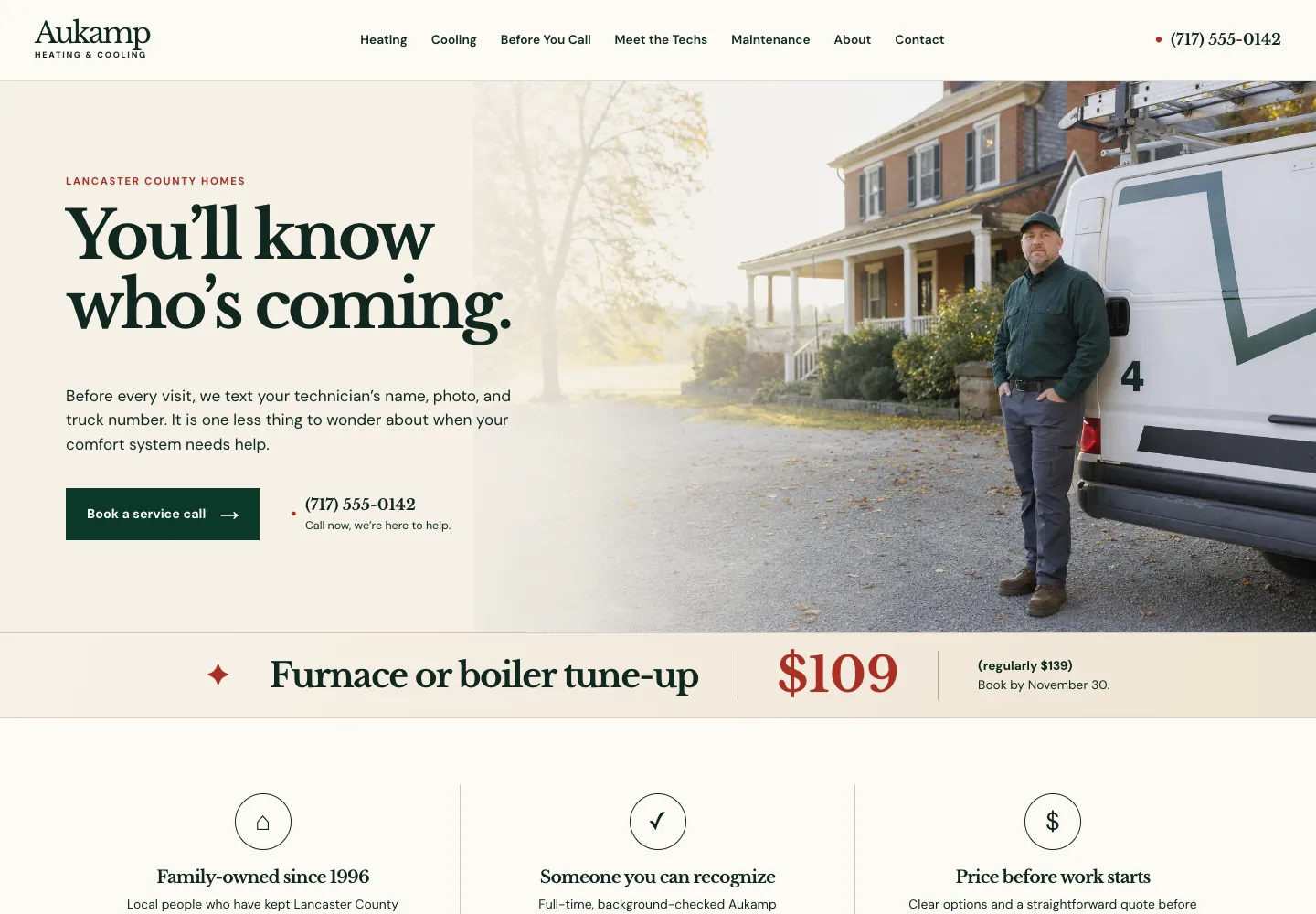 Aukamp Heating & Cooling home page, built by Theo: a furnace or boiler tune-up for $109, regularly $139, book by November 30, in a band under the photo