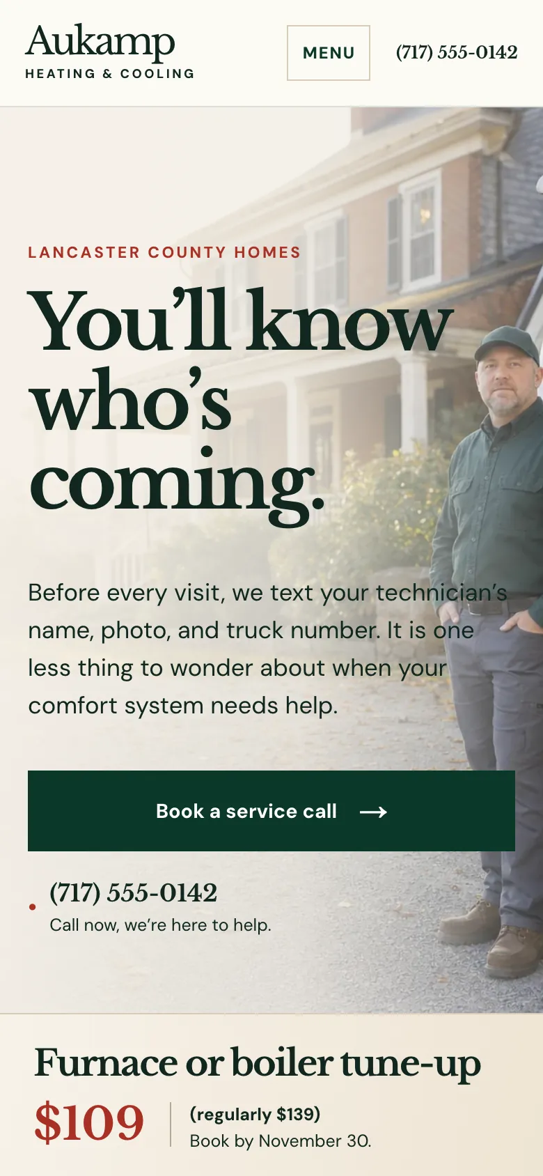 Aukamp Heating & Cooling home page on a phone, built by Theo: the headline You'll know who's coming, a Book a service call button, the phone number, and a fall furnace or boiler tune-up band with its book-by date