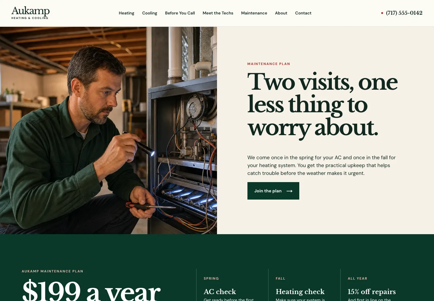 Maintenance plan page of Aukamp Heating & Cooling, built by Theo