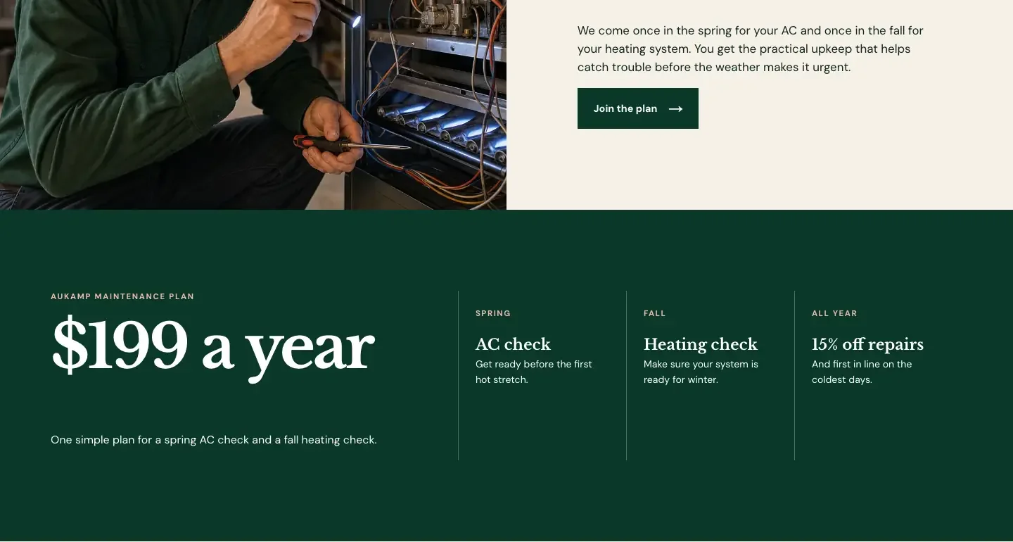 Aukamp Heating & Cooling maintenance plan page, built by Theo: a Join the plan button, then a band with the yearly price, a spring AC check, a fall heating check, and a repair discount with first place in line on the coldest days