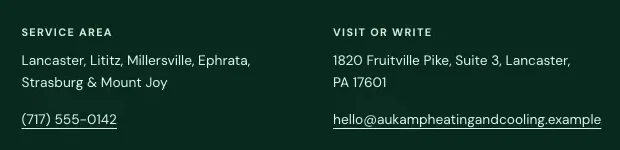 Aukamp Heating & Cooling footer, built by Theo: Service area, Lancaster, Lititz, Millersville, Ephrata, Strasburg and Mount Joy, with the phone number under it