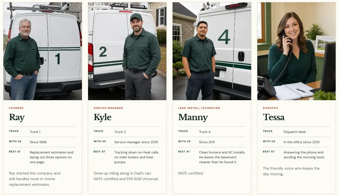 Aukamp Heating & Cooling Meet the Techs page, built by Theo: four cards, Ray, Kyle and Manny each beside a numbered van and Tessa at the dispatch desk, each with the truck, the years with the company and what they are best at