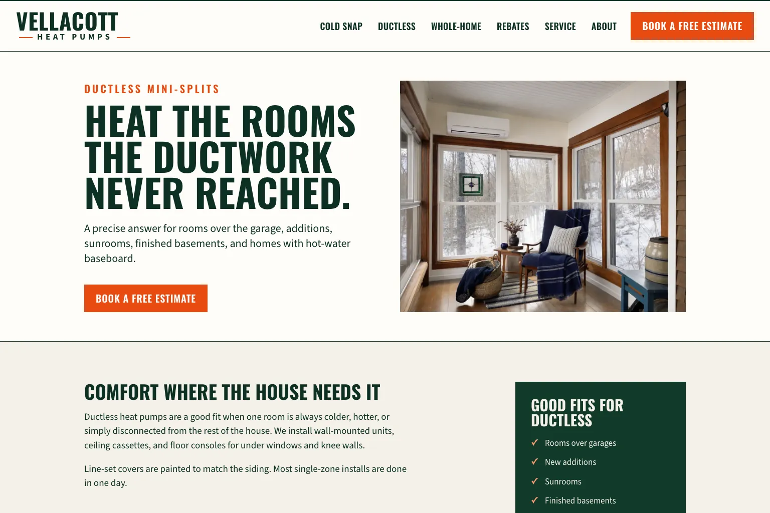 Ductless page of Vellacott Heat Pumps, built by Theo