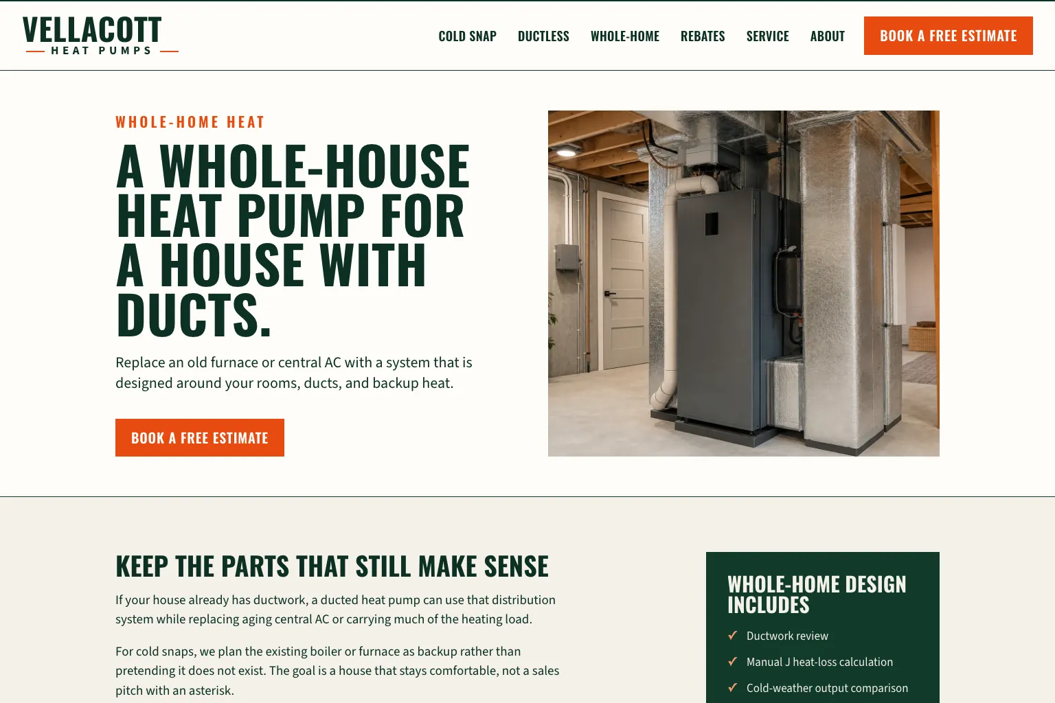 Whole-home page of Vellacott Heat Pumps, built by Theo