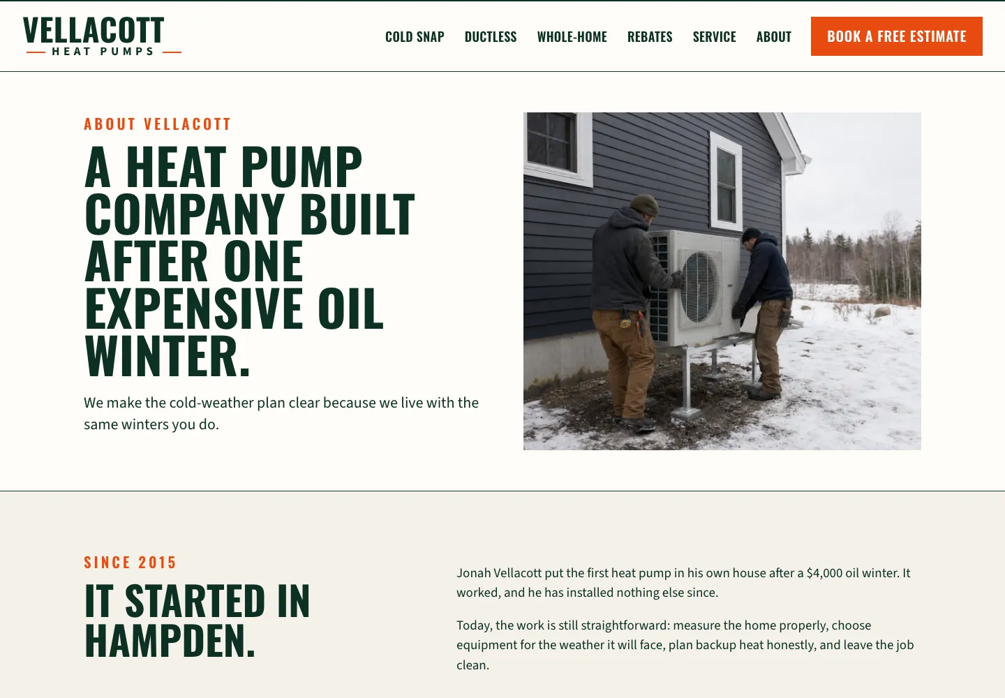 Vellacott Heat Pumps About page, built by Theo: the oil winter headline and two installers setting an outdoor unit in the snow