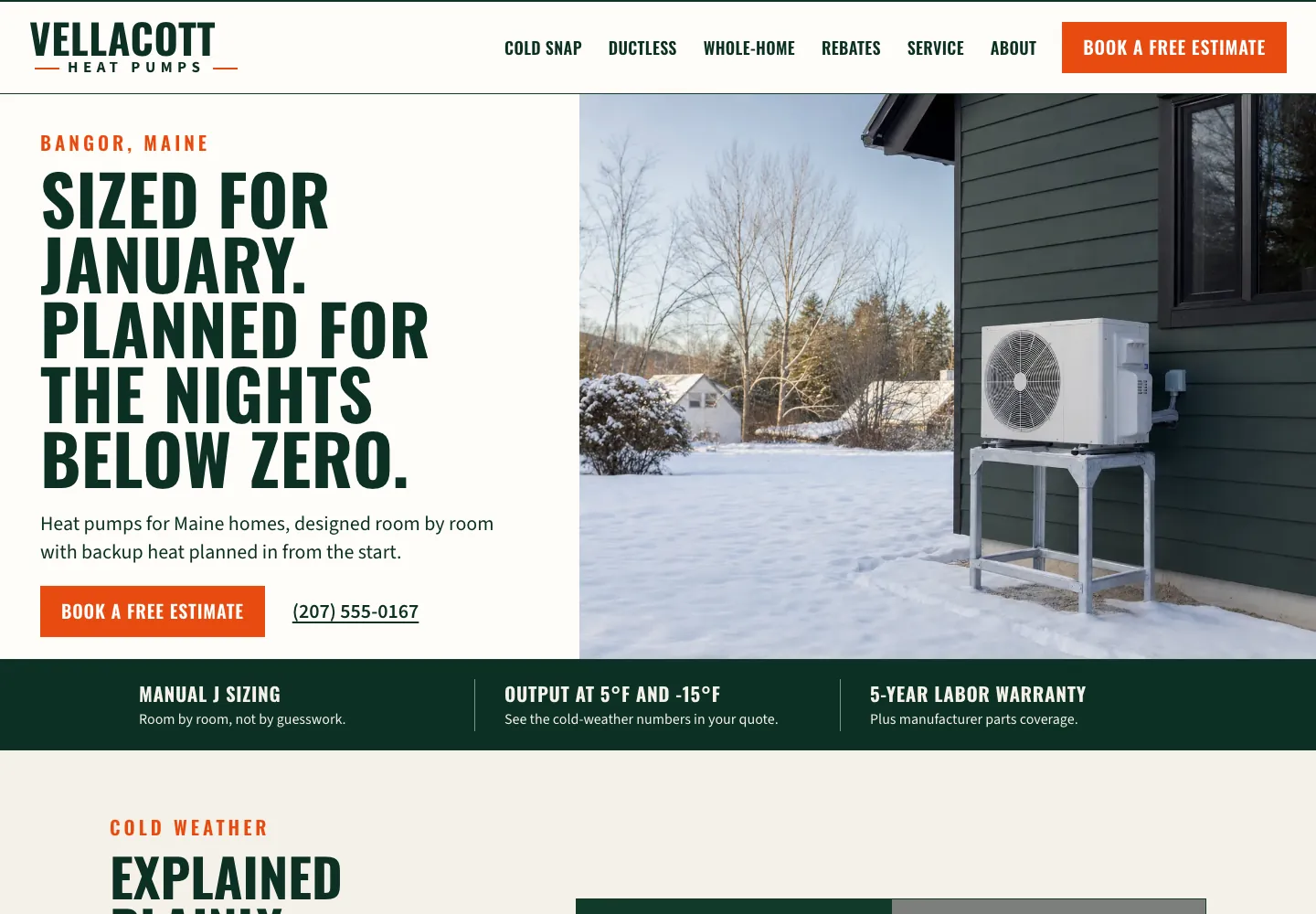 Vellacott Heat Pumps home page, built by Theo: Bangor, Maine above the headline Sized for January, a Book a free estimate button beside the phone number, and a heat pump outside a house in the snow